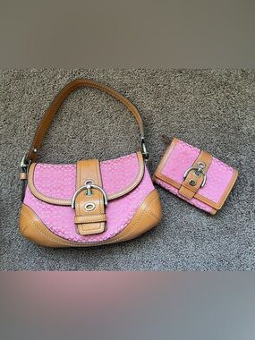 2007 Coach Pink and Tan Shoulder Bag with Matching Wallet